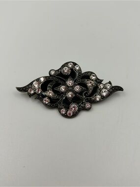 Catherine Popesco France Silver Tone Black Enamel Rhinestone Brooch Pin